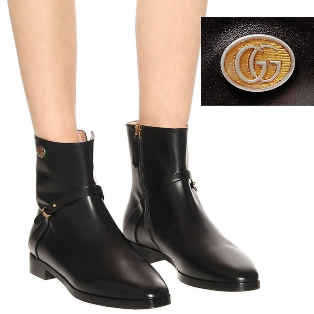 GUCCI BOOTS BLACK LEATHER DOUBLE G LOGO ROSIE ANKLE BOOTIES 40.5 / US 10.5
